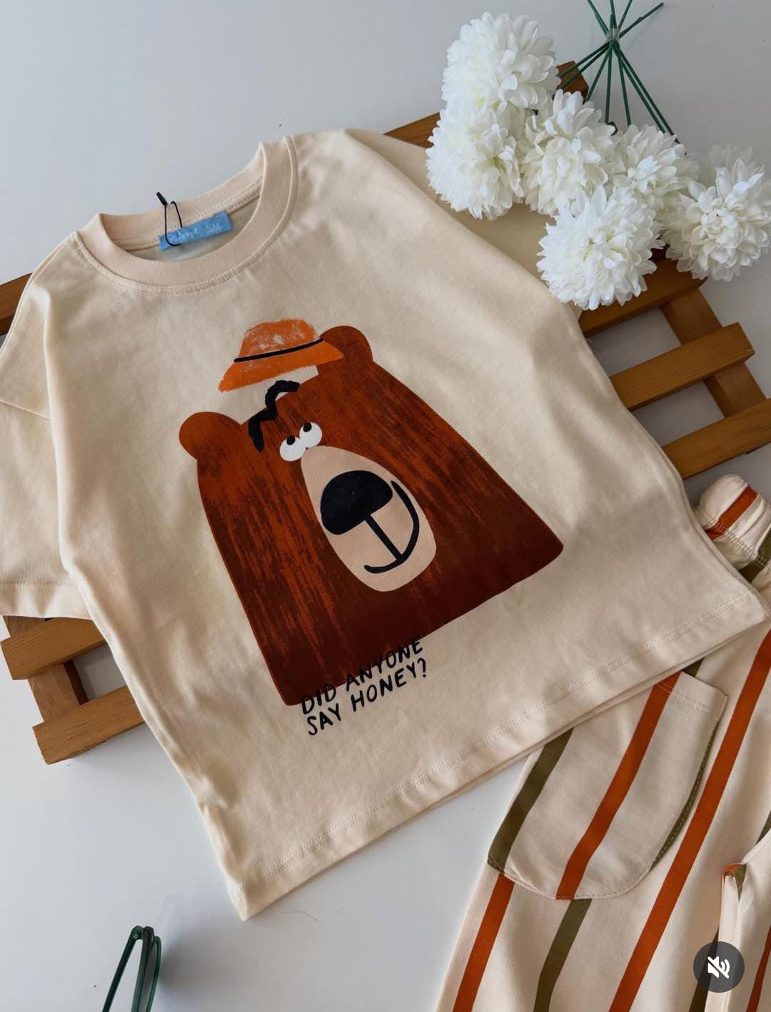 Bear Tee & Striped  Pants Set