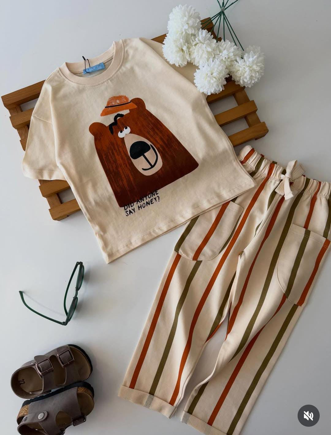 Bear Tee & Striped  Pants Set