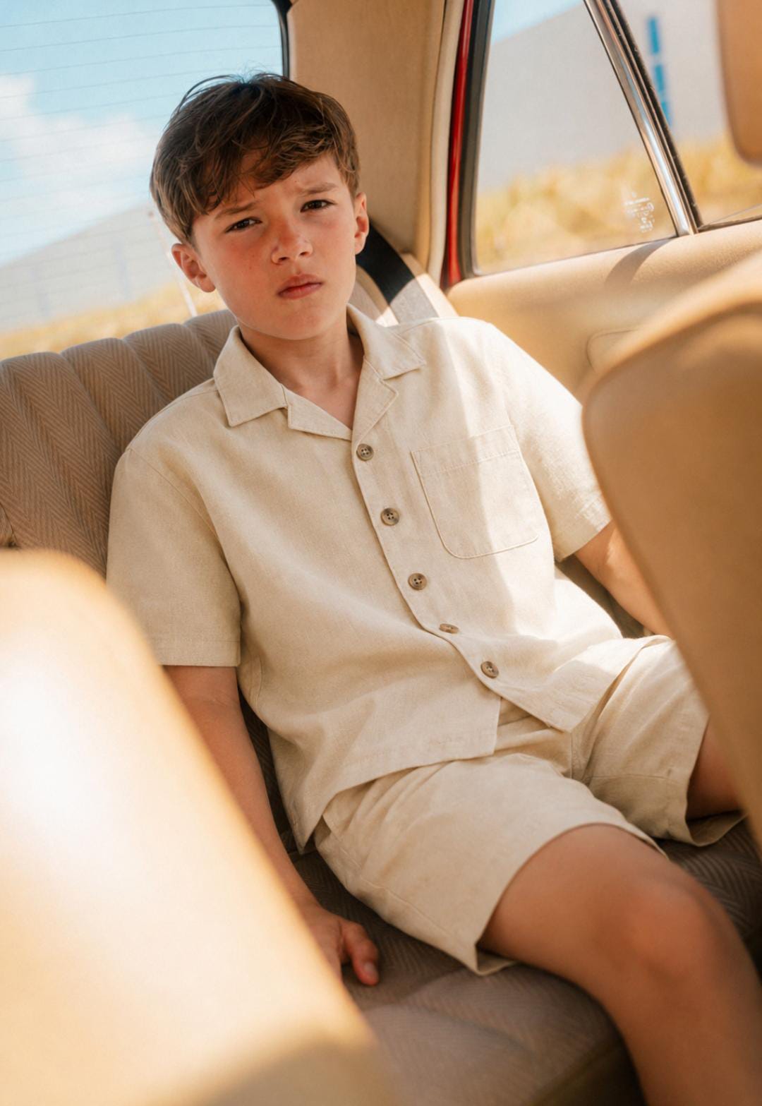 Beige Linen Blend Shirt & Shorts Set