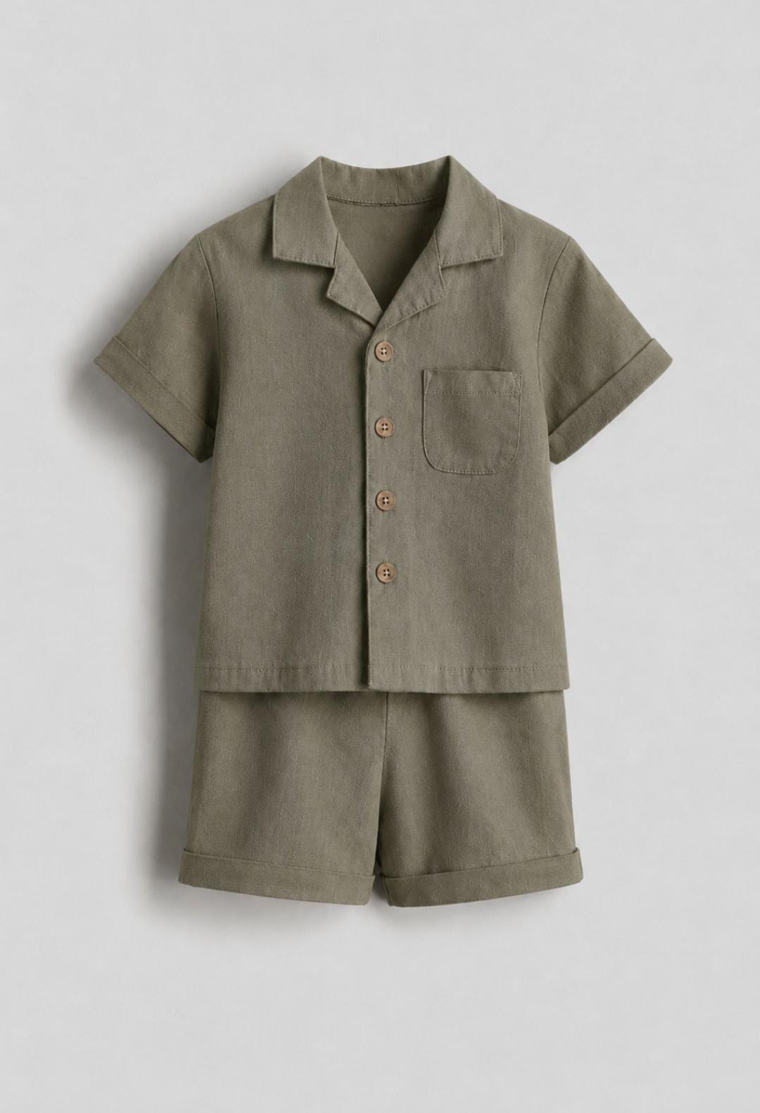 Kids Linen Blend Shirt & Shorts Set – olive green