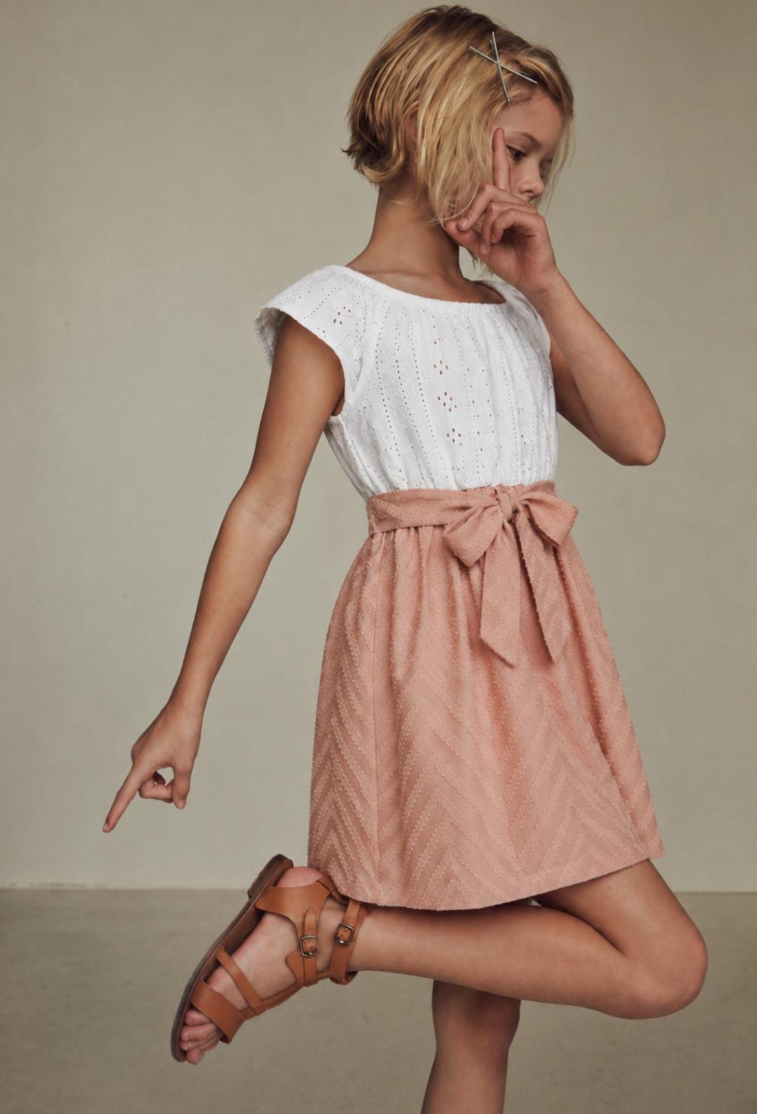 Girls' White & Blush Bow-Waist Dress