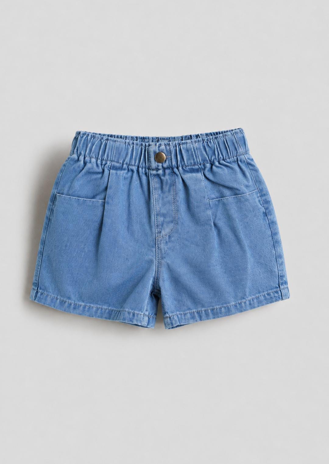 Blue Denim Elastic-Waist Shorts