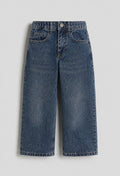 Wide-Leg Washed Denim Jeans –Dark Blue