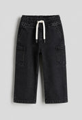 Black Cargo Jeans with Elastic Waist & Drawstring
