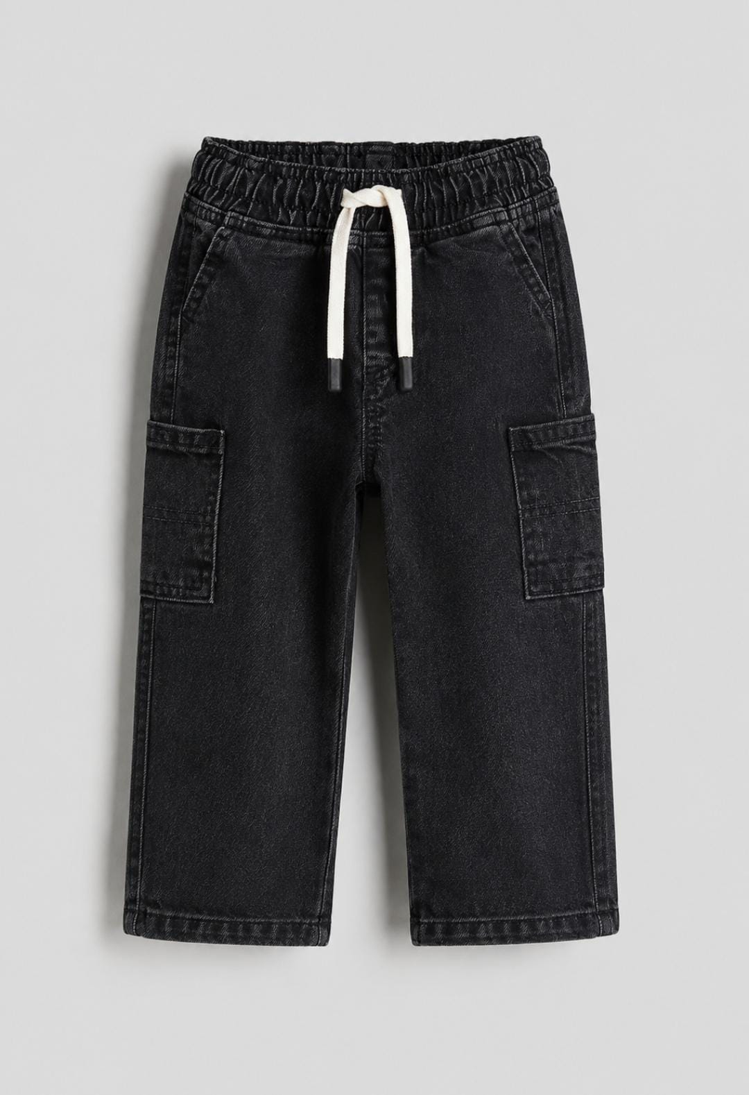 Black Cargo Jeans with Elastic Waist & Drawstring