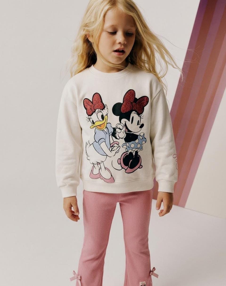 Girls Daisy & Minnie Mouse white Sweatshirt & Pink Ribbed Flare Pants Set
