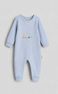 Baby Blue Car Embroidered Cotton Jumpsuit