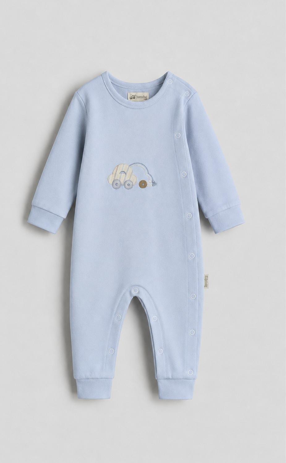 Baby Blue Car Embroidered Cotton Jumpsuit