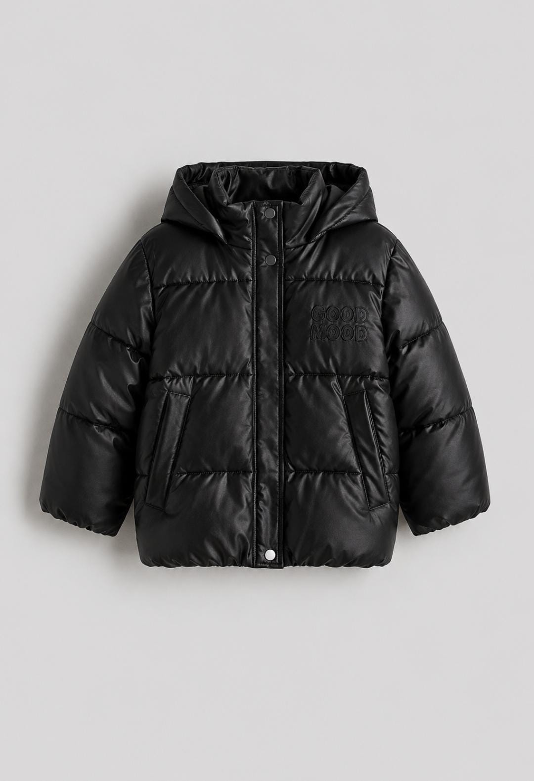 Black Faux soft Leather Hooded Puffer Jacket