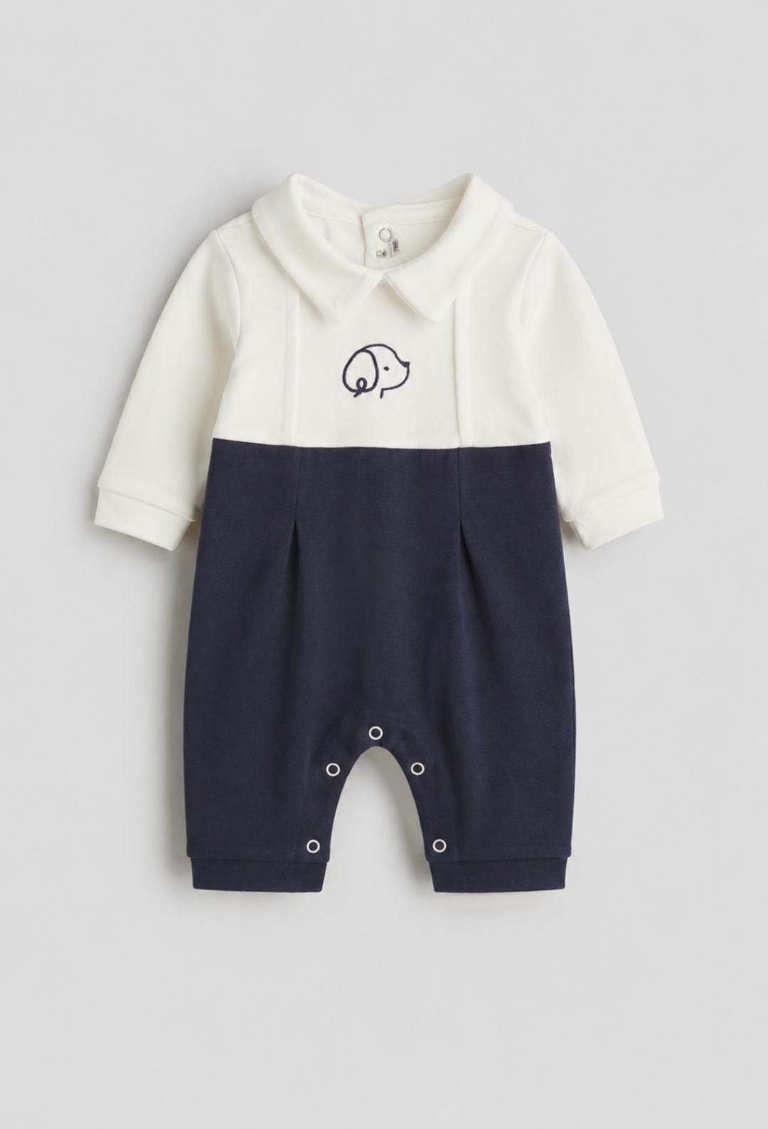 Ivory & Taupe Puppy Embroidered Baby Jumpsuit