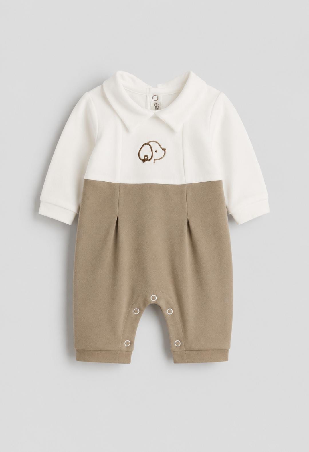 Ivory & Taupe Puppy Embroidered Baby Jumpsuit