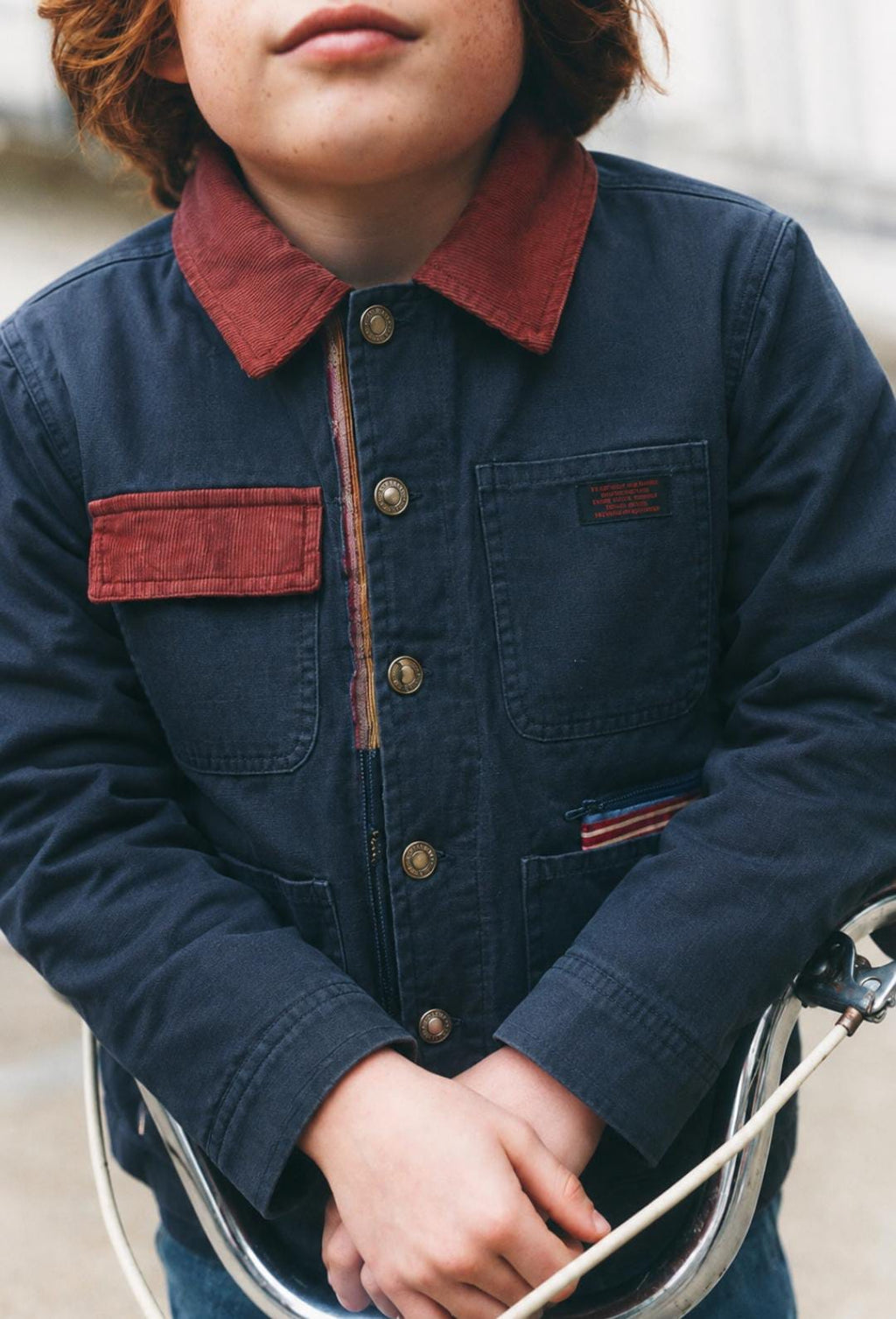 Navy Utility Jacket with Rust Corduroy Details