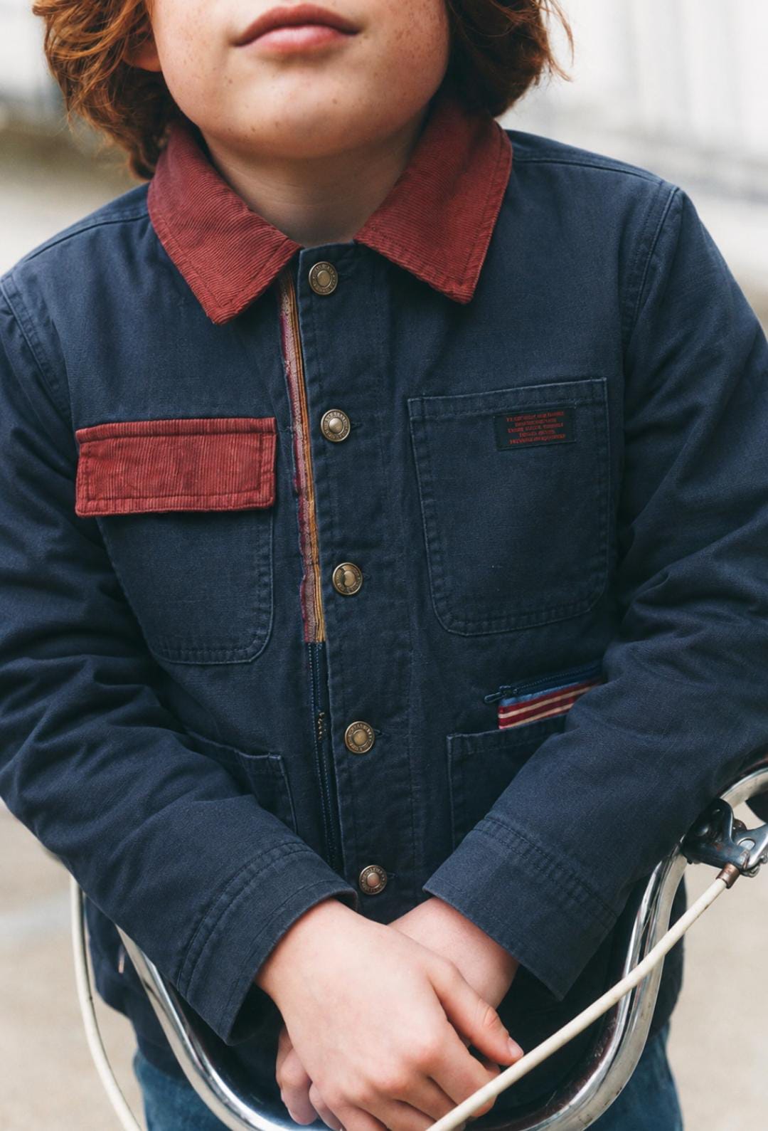 Navy Utility Jacket with Rust Corduroy Details
