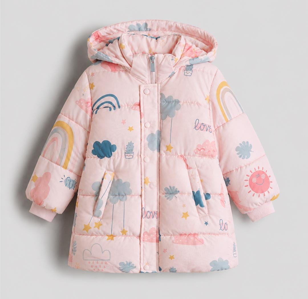Pink Rainbow Print Hooded Puffer Coat