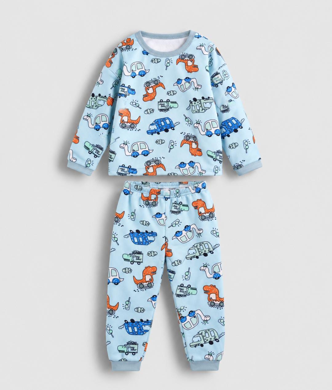 Dino Wheels Blue Kids’ Pajama Set - fleece inside