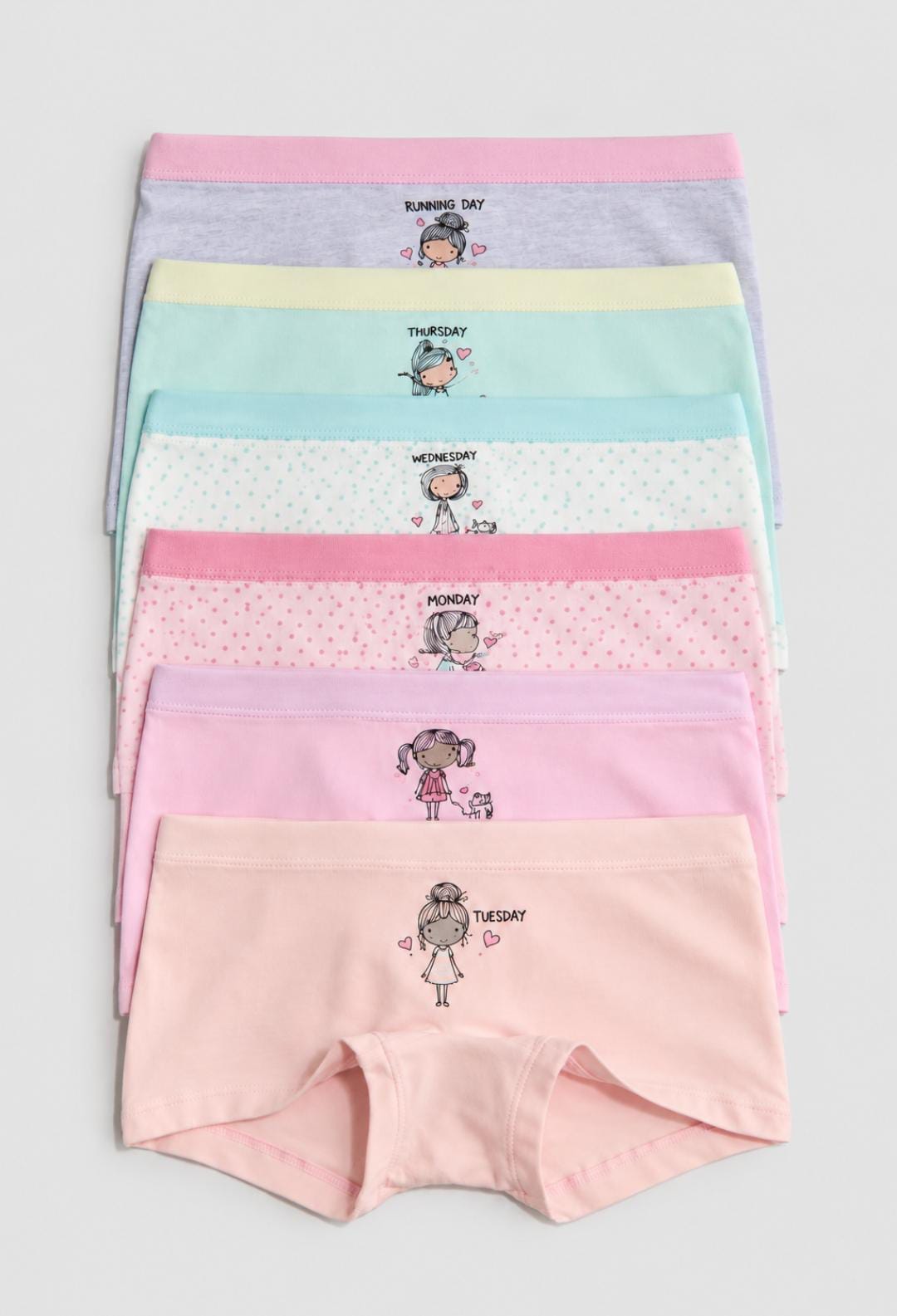 Girls’ Pastel Cartoon Print Boxer Briefs – 6 Pack
